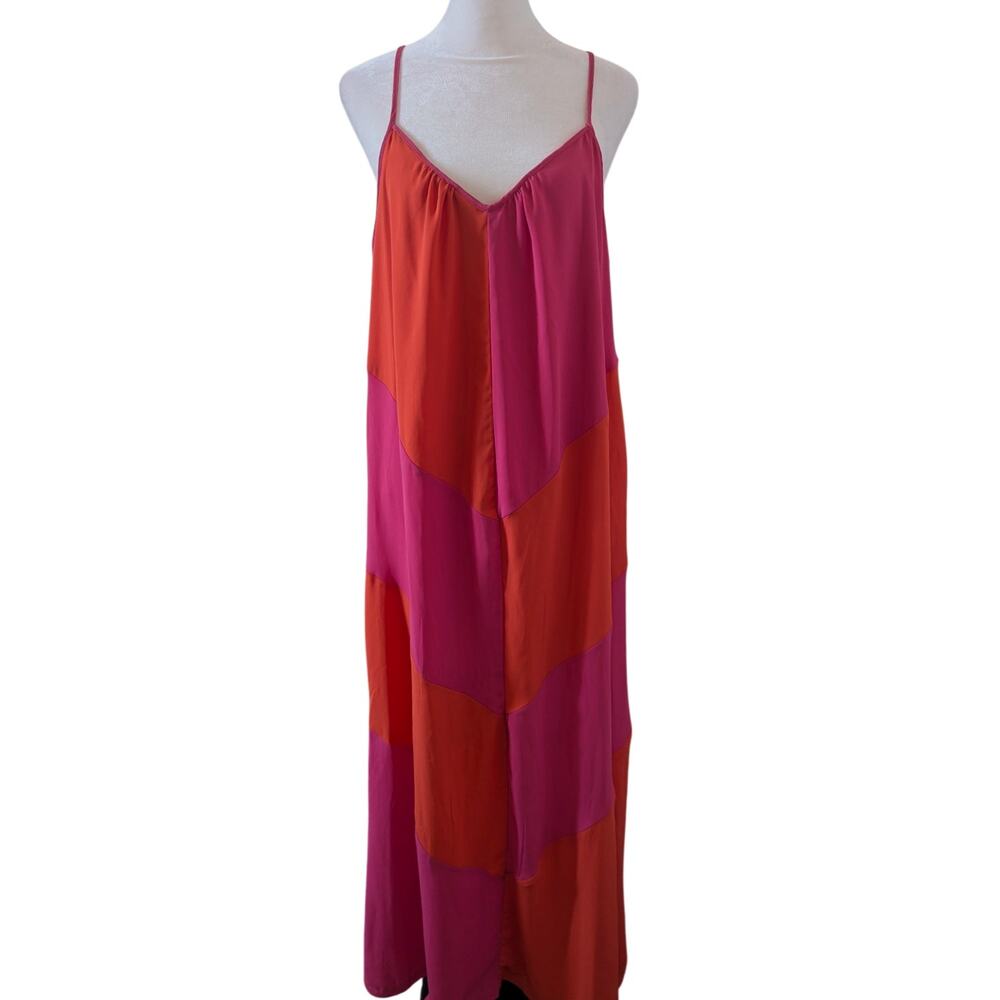 Love Stitch Orange Pink Colorblock Ankle Length Dress Large